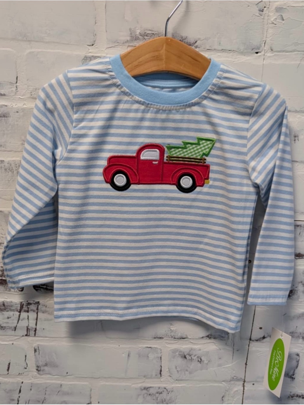 Light Blue & White Stripe Long-Sleeve Kids Tee with Red Truck